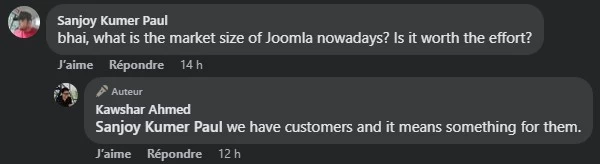 Réponse de Kawshar Ahmed sur Facebook Signaux faibles Joomla