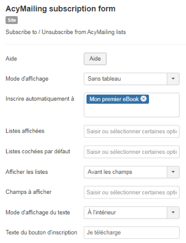 Paramètres module AcyMailing Joomla - download a file with an email