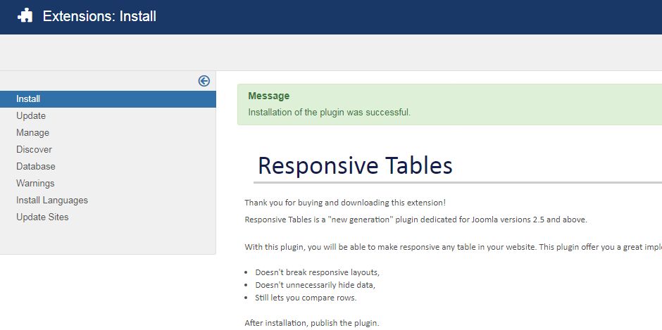 Installation Responsive Tables